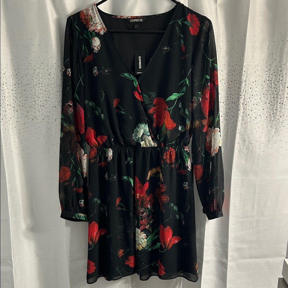 Express Black Dress with Red Floral Design